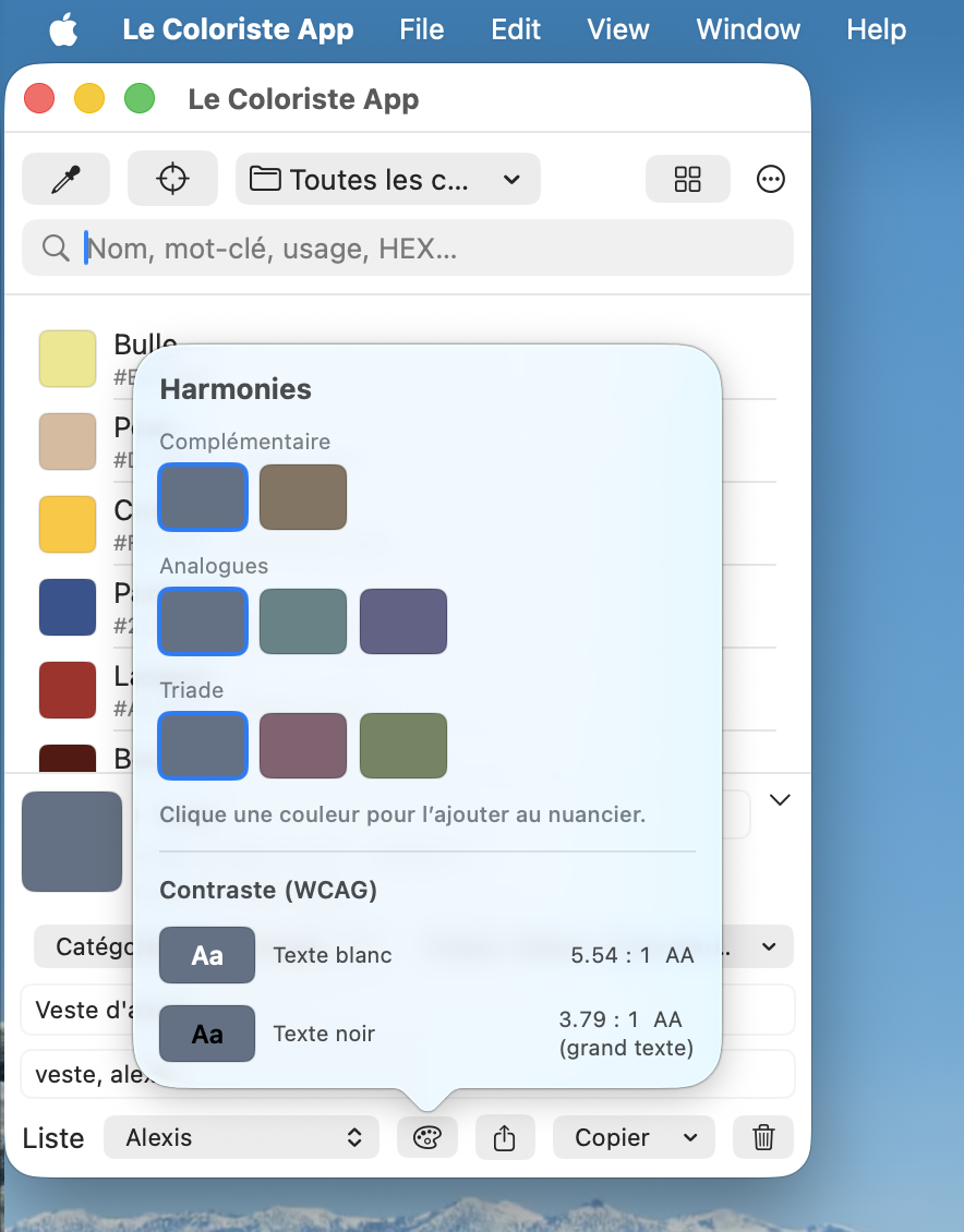 Fenêtre des harmonies de couleurs et du contraste WCAG