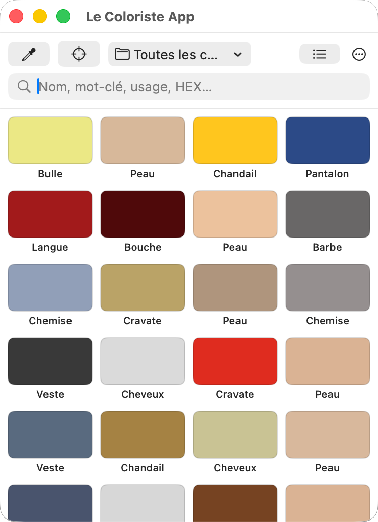 Fenêtre principale de Le Coloriste, nuancier en icônes